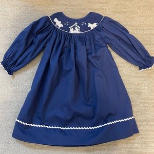 Navy and White Nativity Smocked Christmas Dress